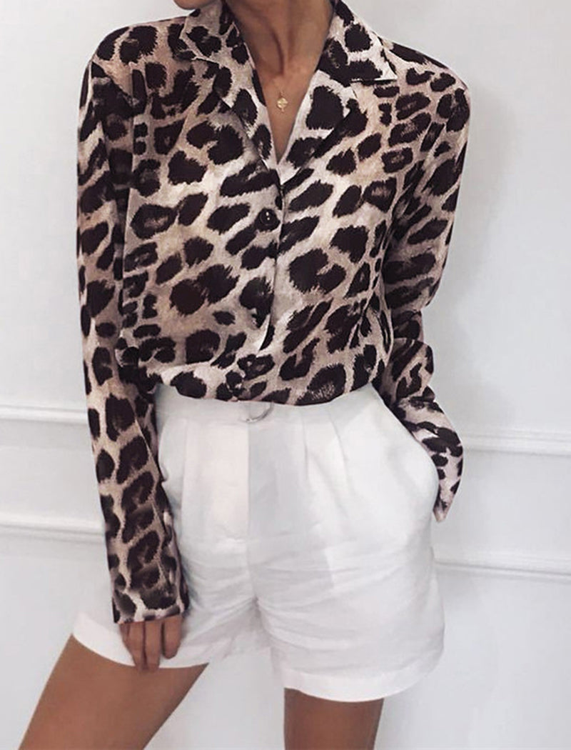 Long Sleeve Animal Print Button-Up Blouse