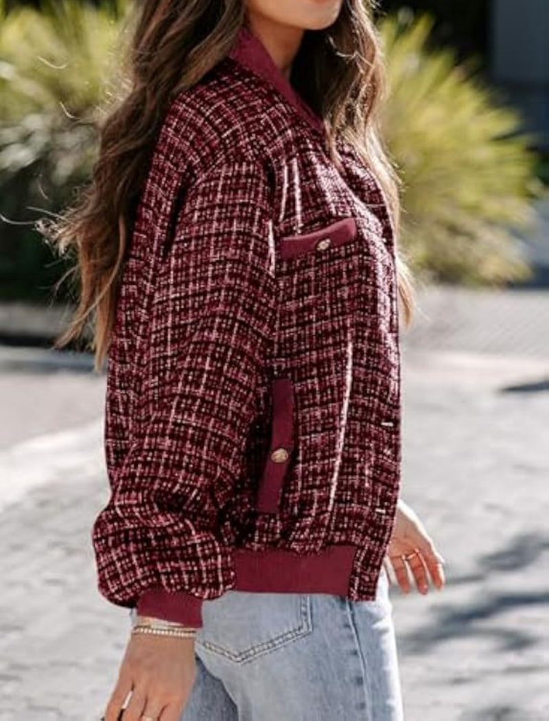 Plaid Bomber Jacket with Pockets