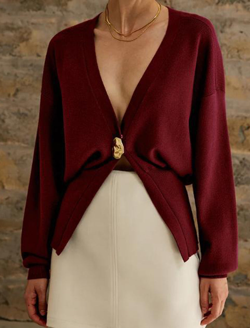 Deep V-Neck Buttoned Knitted Cardigan