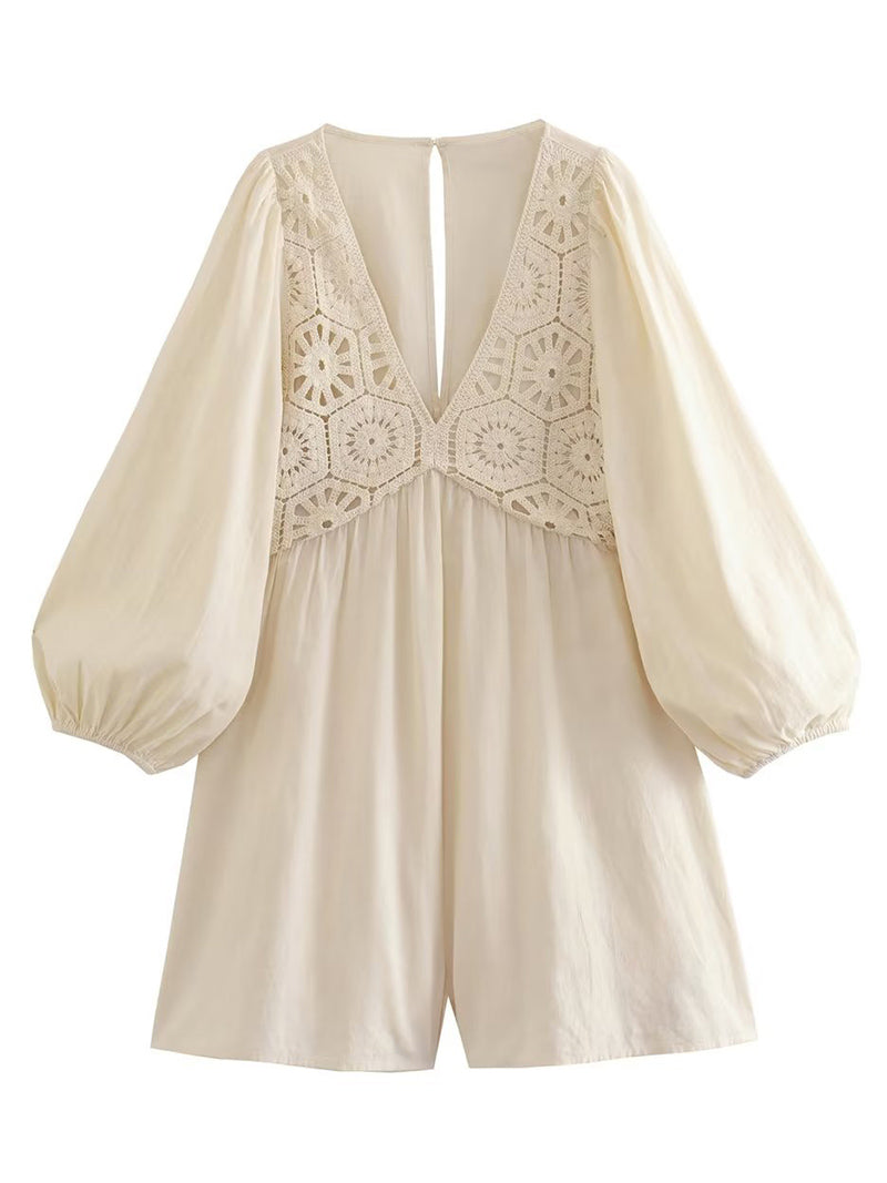 V-Neck Crochet Detail Romper