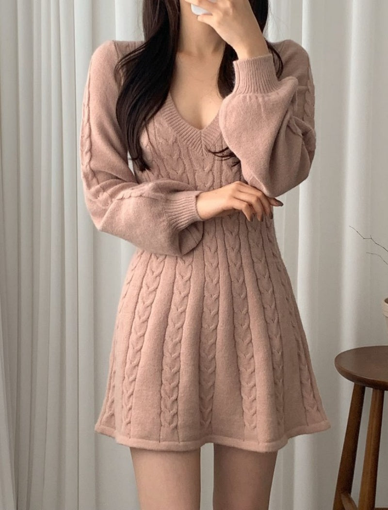 Cable Knit V-neck Sweater Dress