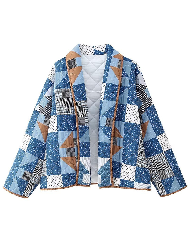 Quilted Patchwork Open-Front Jacket