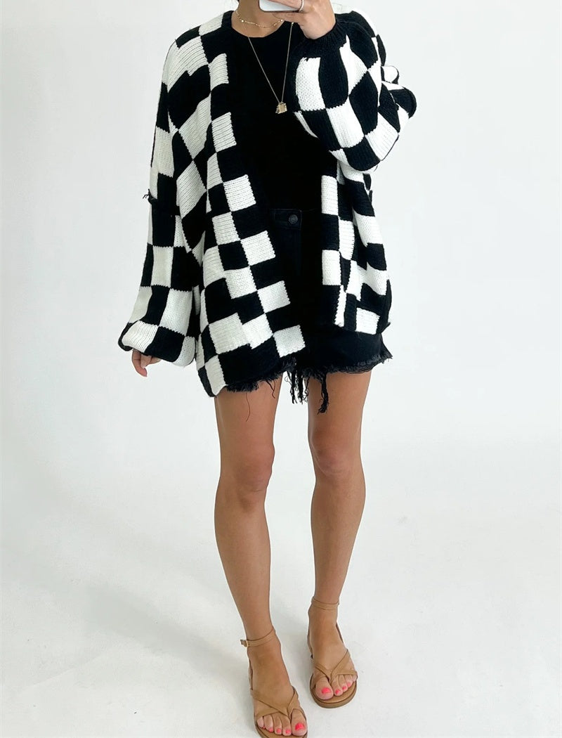 Checkered Open-Front Knit Cardigan