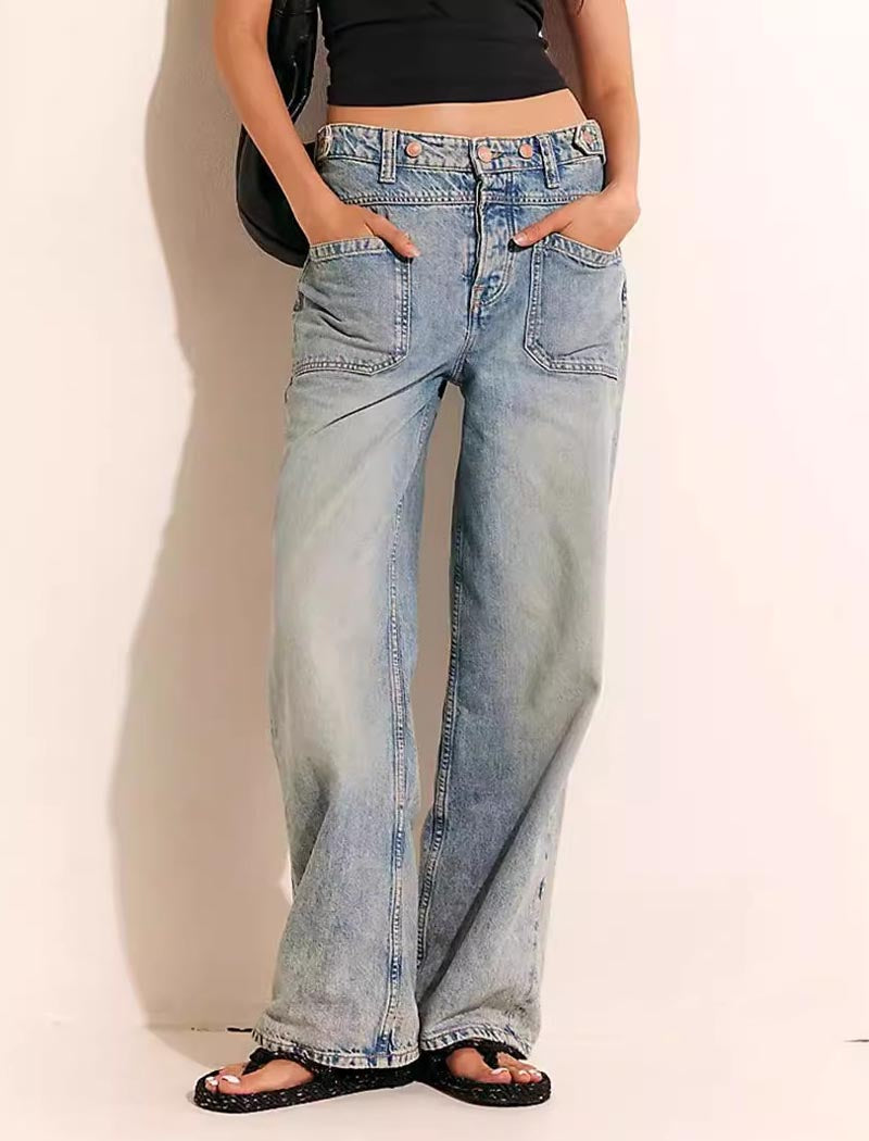 Wide-Leg Wash-Effect Denim Jeans