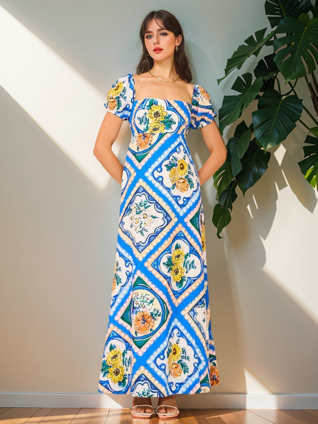 Puff-Sleeve Graphic Maxi Dress