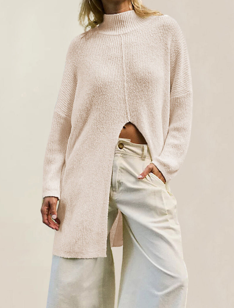 Mock-Neck Knitted Split Pullover