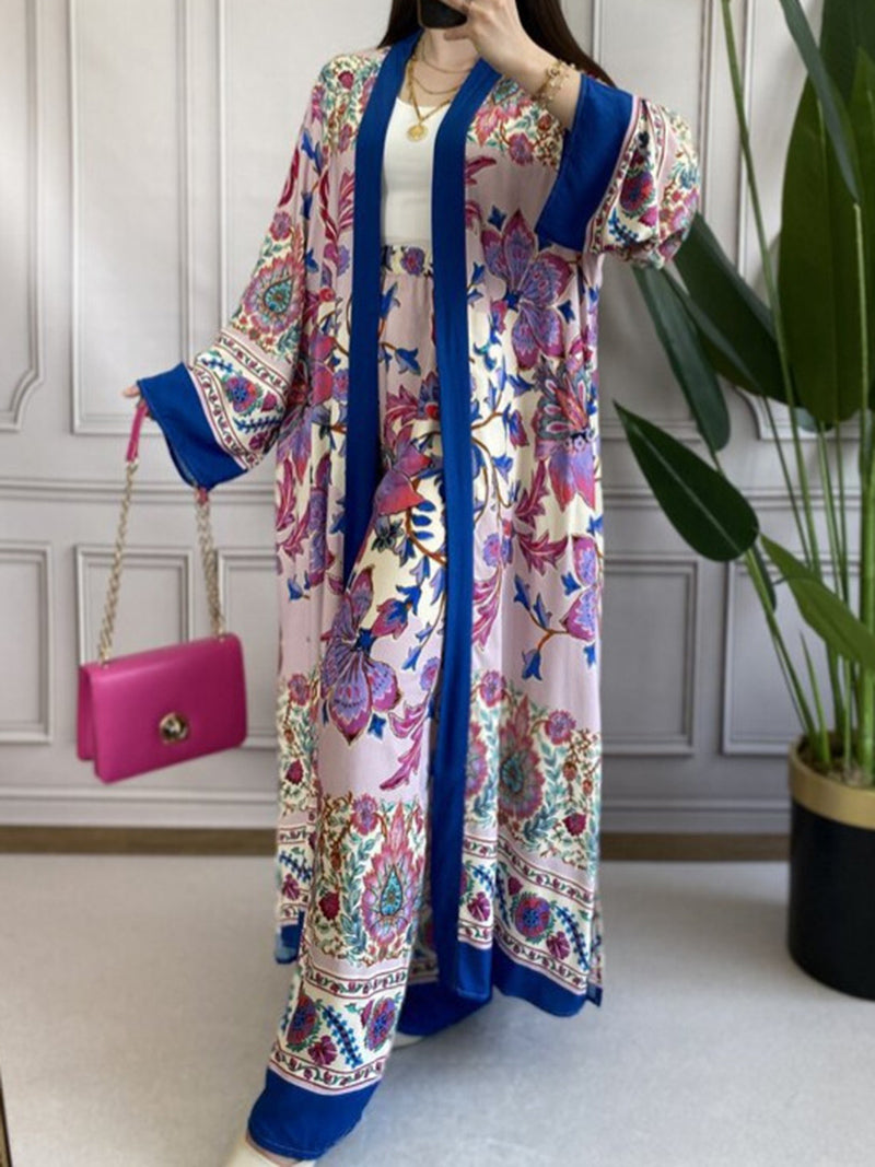 Floral Print Open Front Kimono and Wide-Leg Pants Set