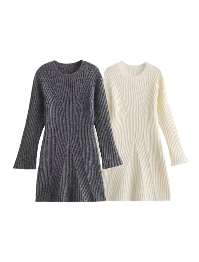 Ribbed Knit Flared-Sleeve Dress