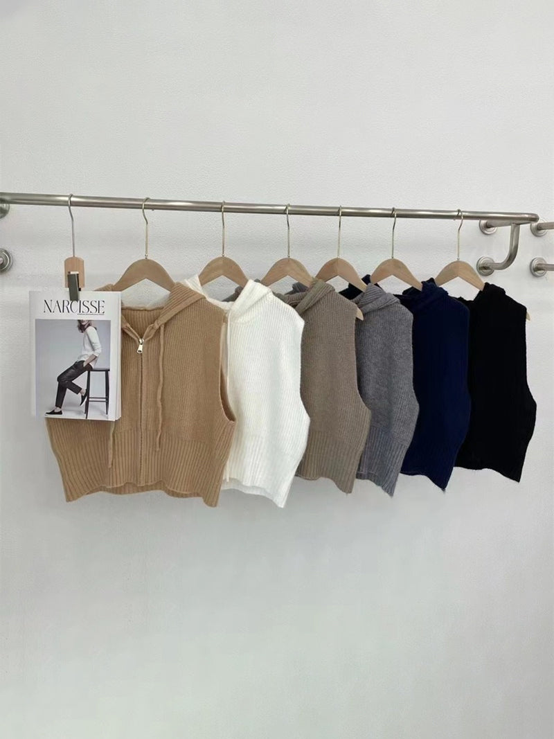 Hooded Zip-Up Knit Vest