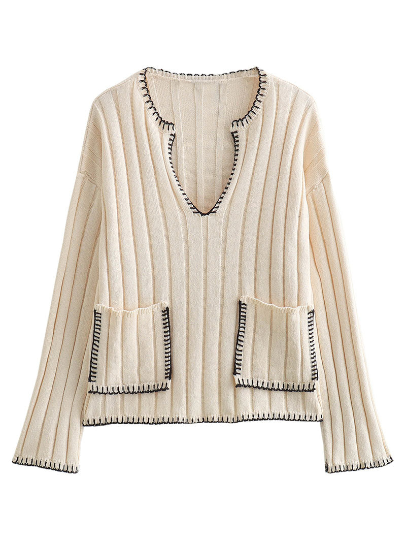 V-Neck Ribbed Knit Sweater