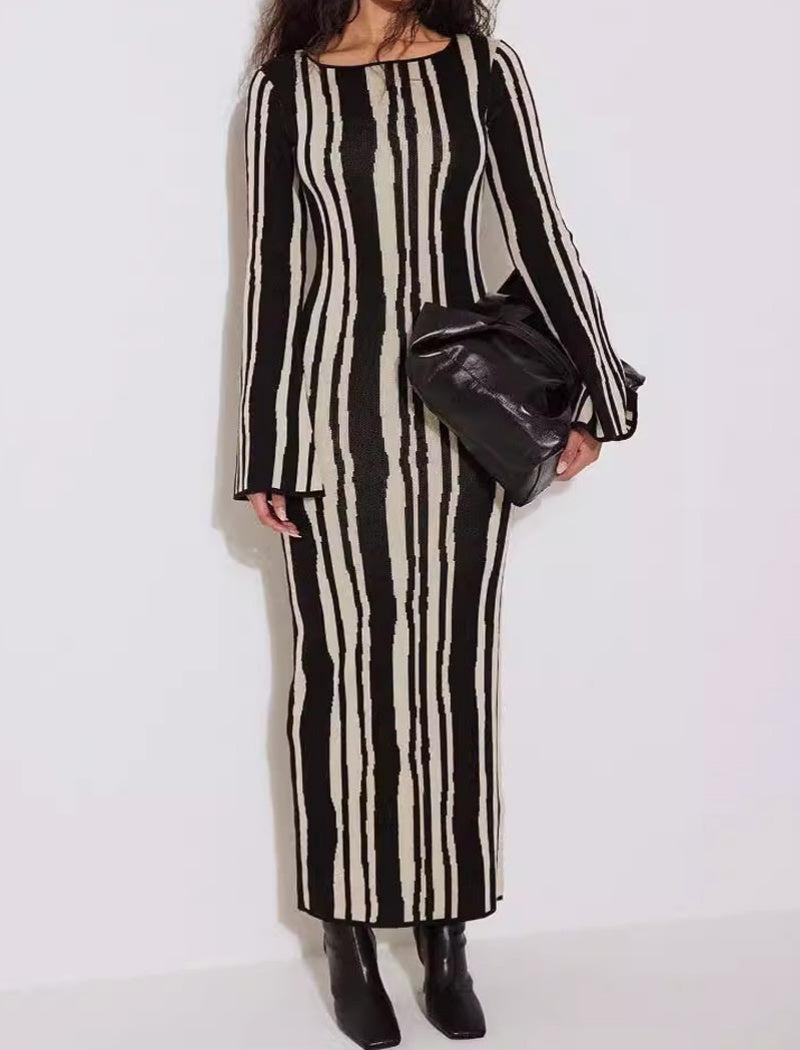 Striped Long Sleeve Knit Maxi Dress