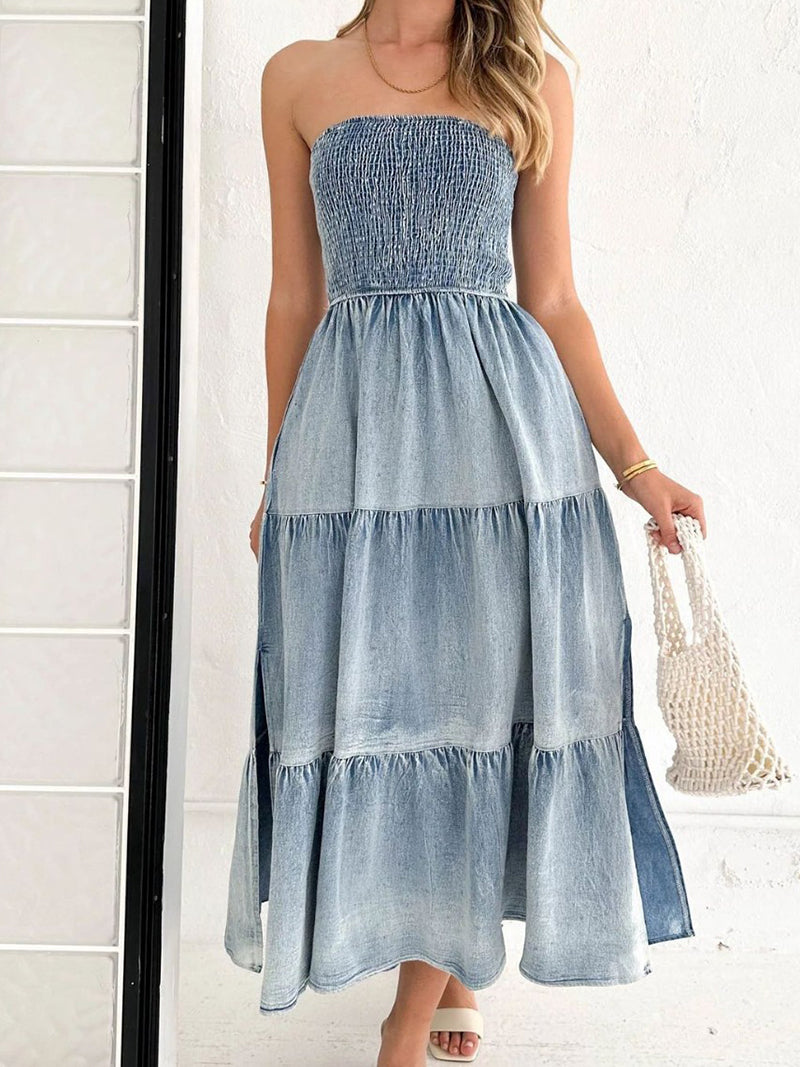 Smocked Strapless Tiered Slit Dress