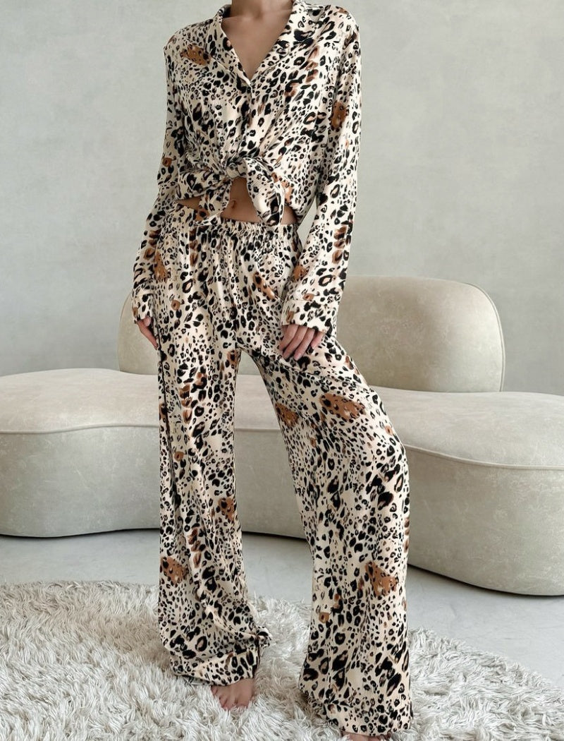 Leopard Button-Down Shirt and Wide-Leg Pants Set