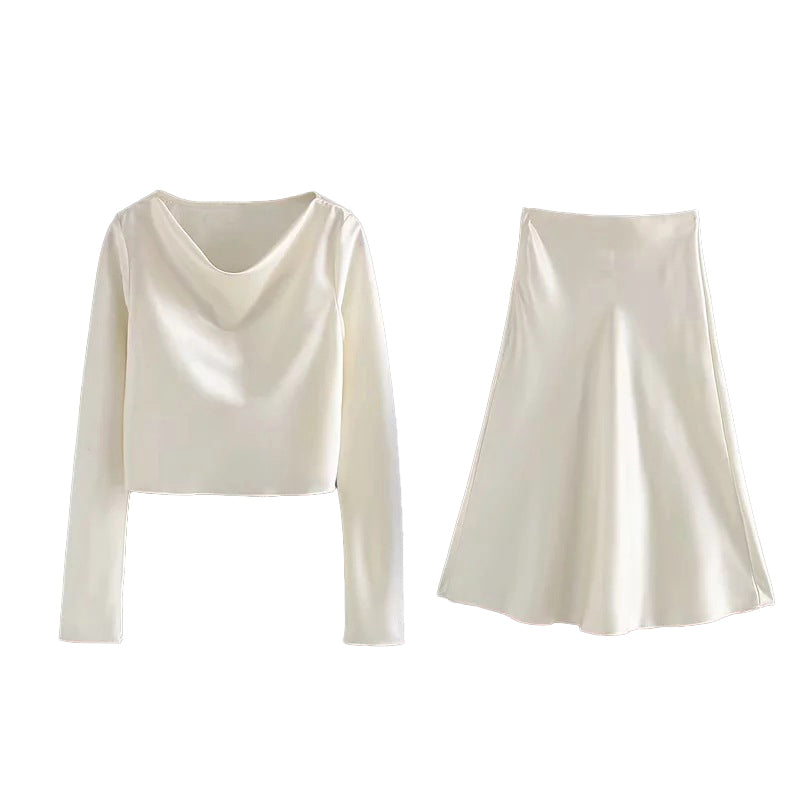 Draped Neck Long Sleeve Top and Skirt Set