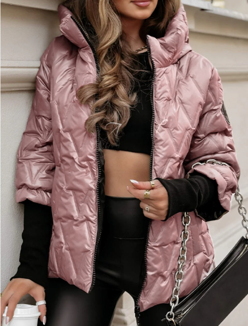 Quilted Hooded Jacket with Chain Strap Detail