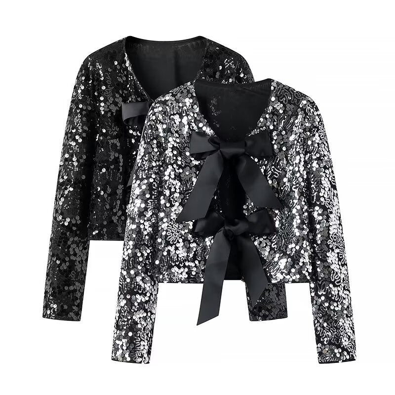 Sequin Bow-Tie Cropped Jacket