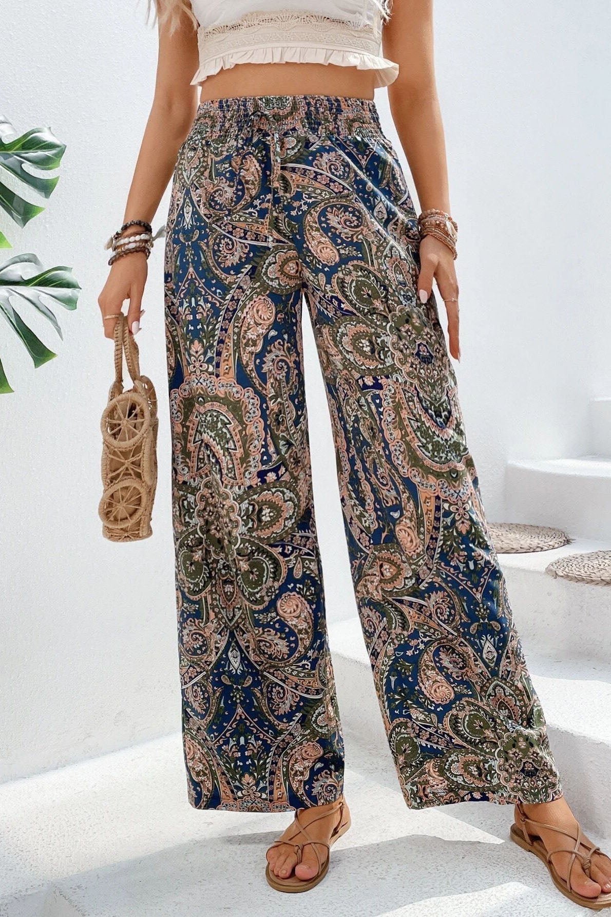 Paisley Print Wide-Leg Pants