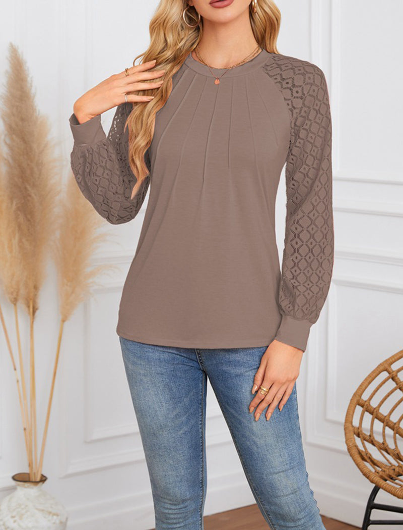 Lace Sleeve Pleated Blouse