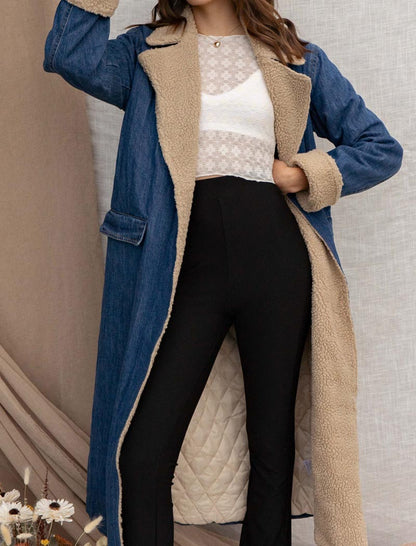 Sherpa-Lined Denim Long Coat