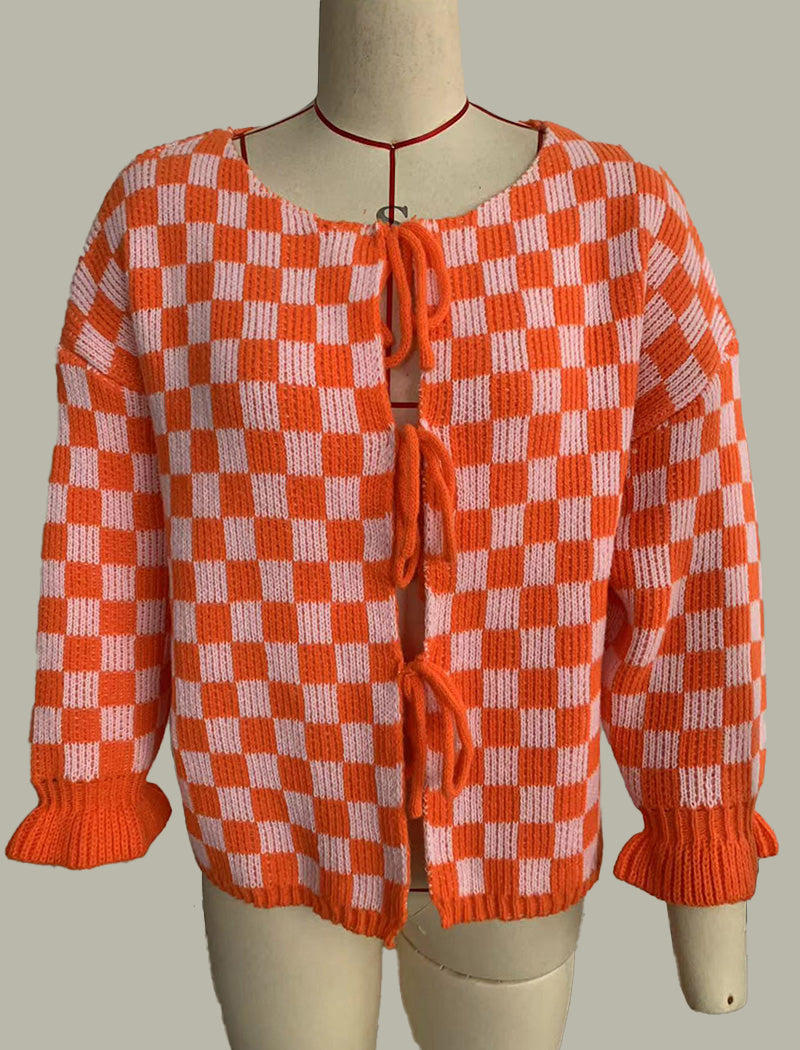 Checkered Knit Cardigan with Lace-Up Front