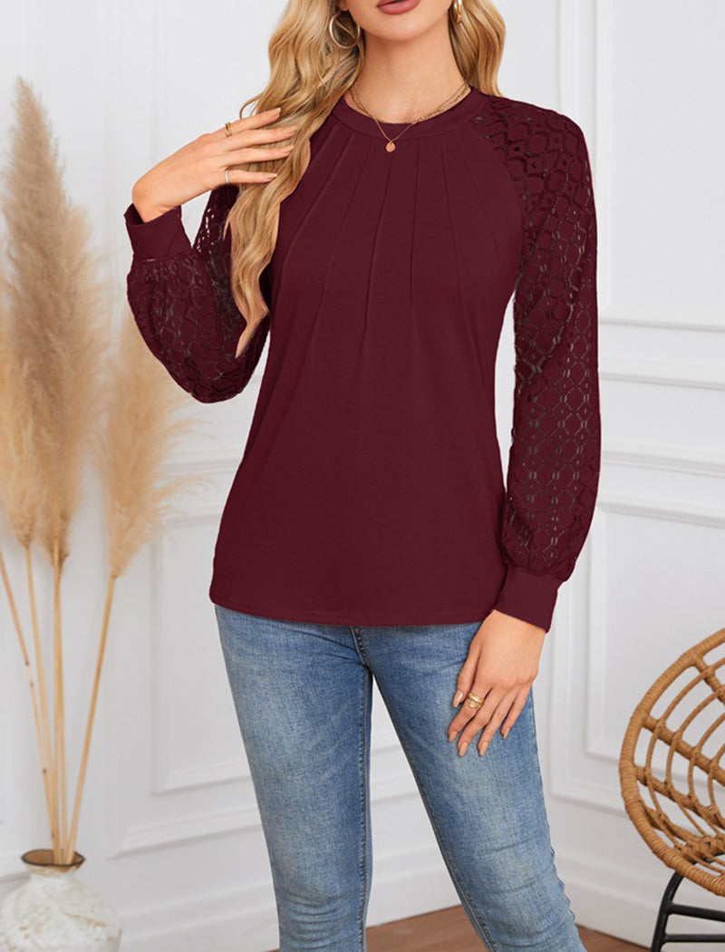 Lace Sleeve Pleated Blouse