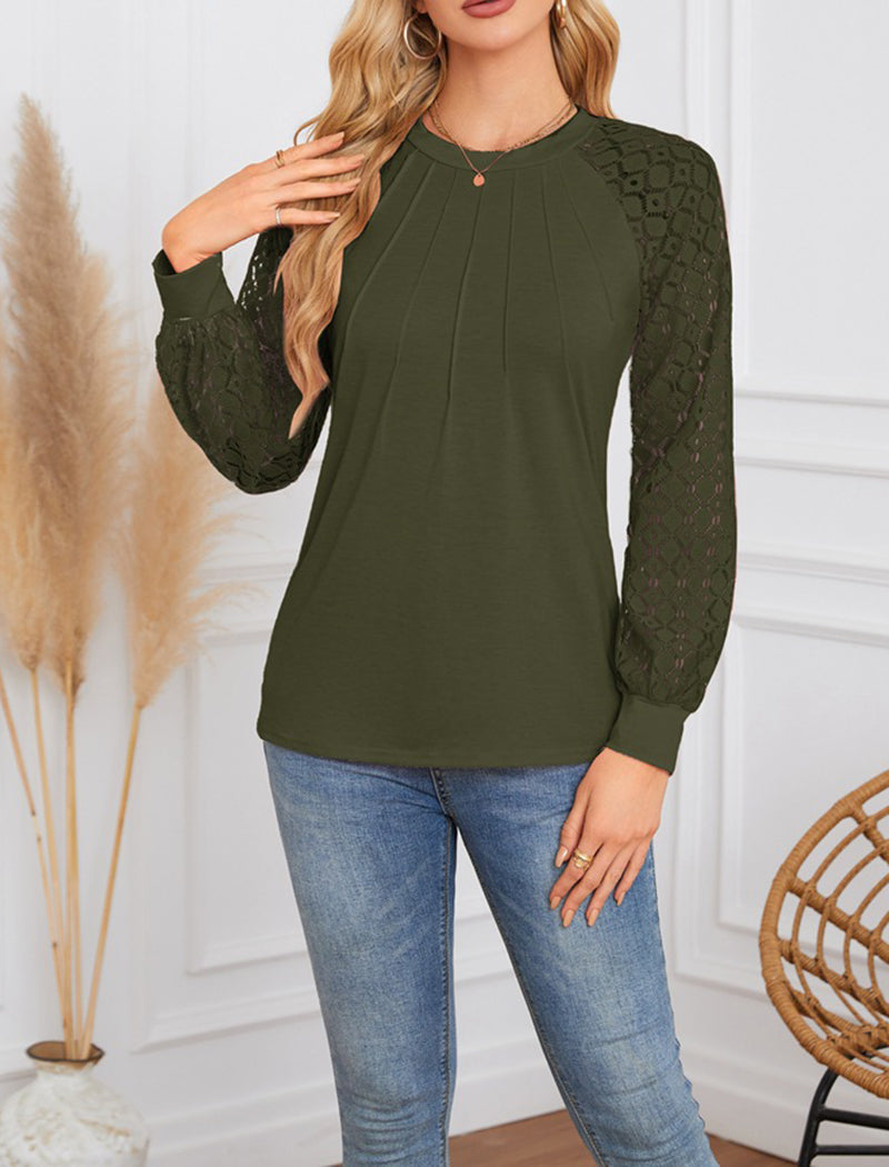 Lace Sleeve Pleated Blouse