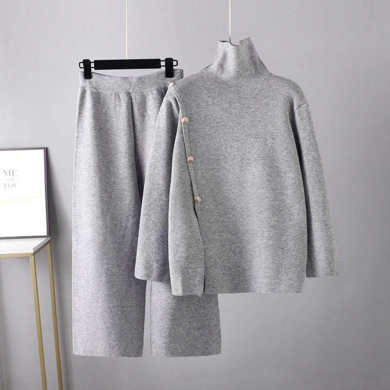 Stand Collar Split Knit High Neck Sweater and Wide-Leg Pants Set