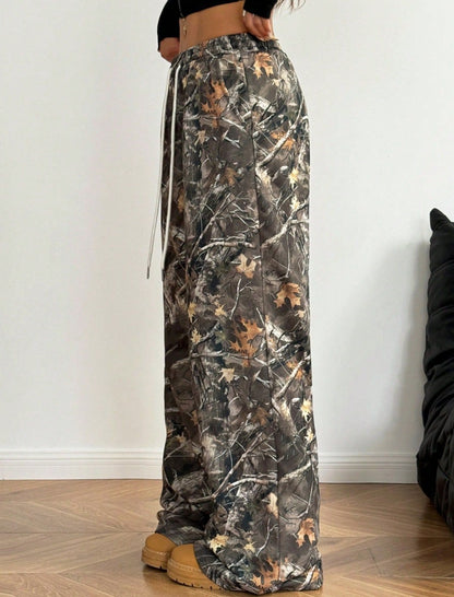 Wide-Leg Camo Printed Drawstring Pants