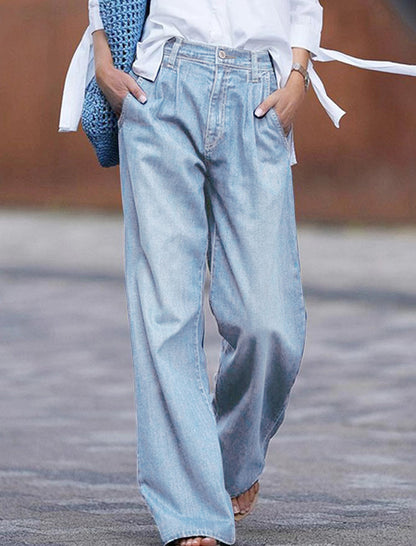 Pleated High-Waisted Denim Pants