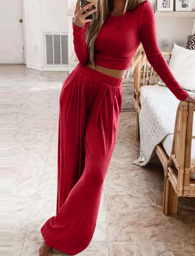 Ribbed Two-Piece Crop Top and Wide Pants Set