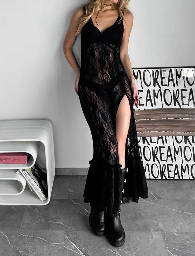 Sexy Lace Sheer Cami High Slit Nightgown