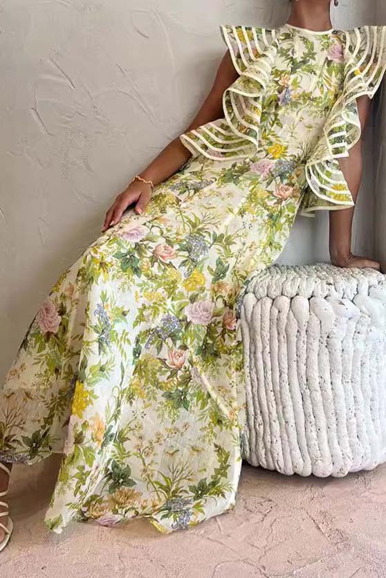 Floral Print Ruffle Sleeve Maxi Dress