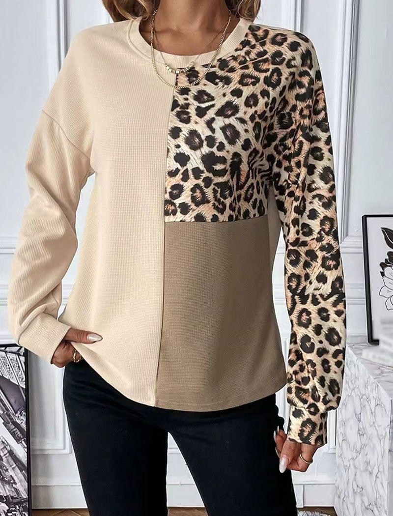 Leopard Print Colorblock Long Sleeve Top