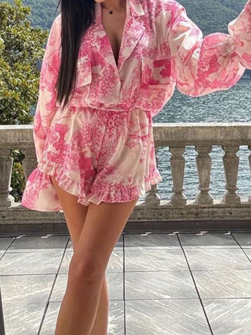 Button-Up Shirt and Ruffle Trim Shorts Set