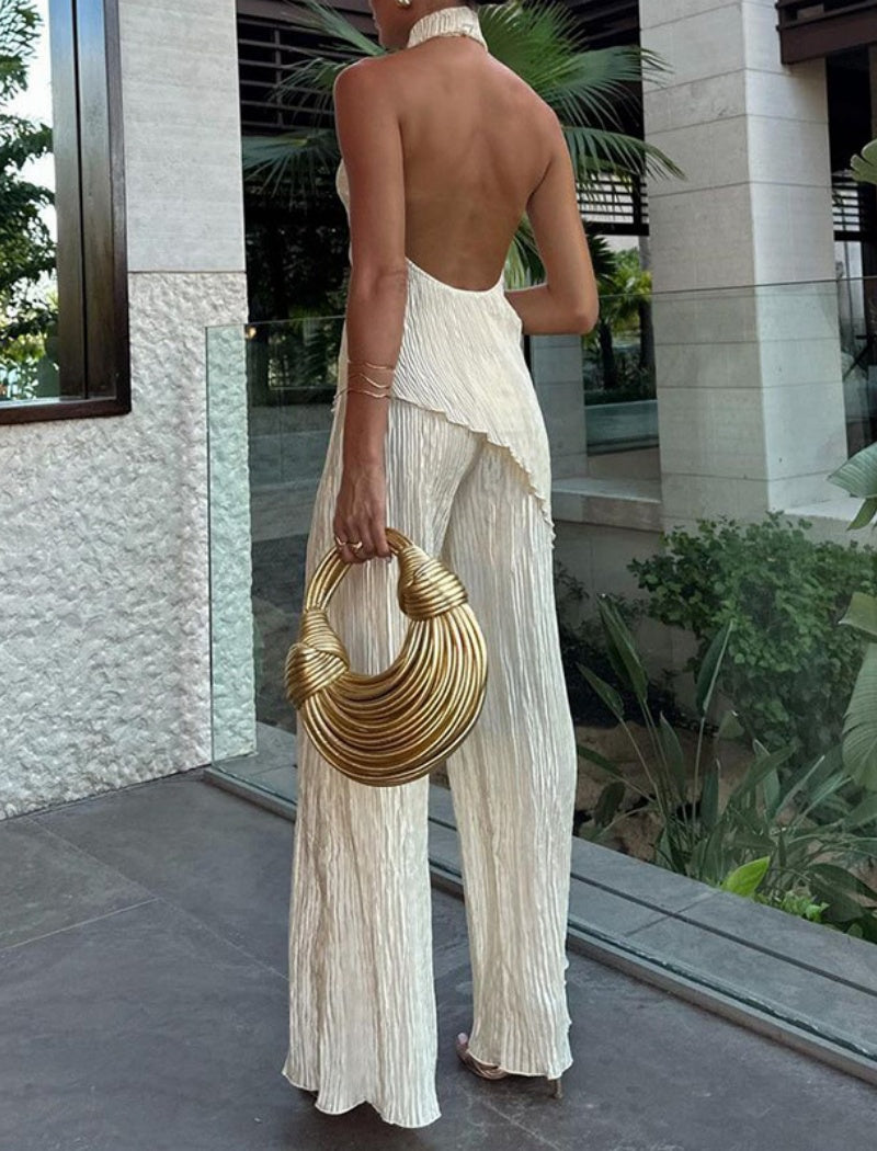 Pleated Halter Sleeveless Top and Wide-Leg Pants Set