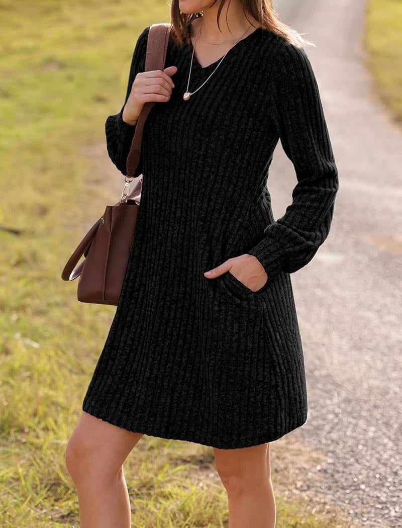 V-Neck Long Sleeve Ribbed Dress