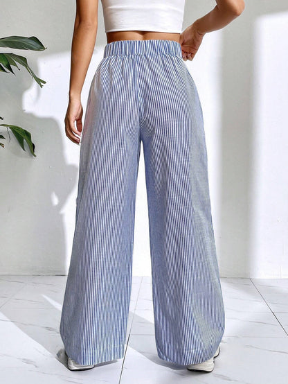 Elastic Striped Wide-Leg Pants