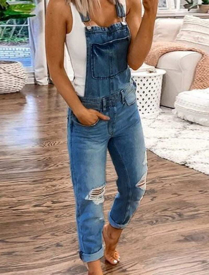 Double Strap Ripped Denim Jumpsuit