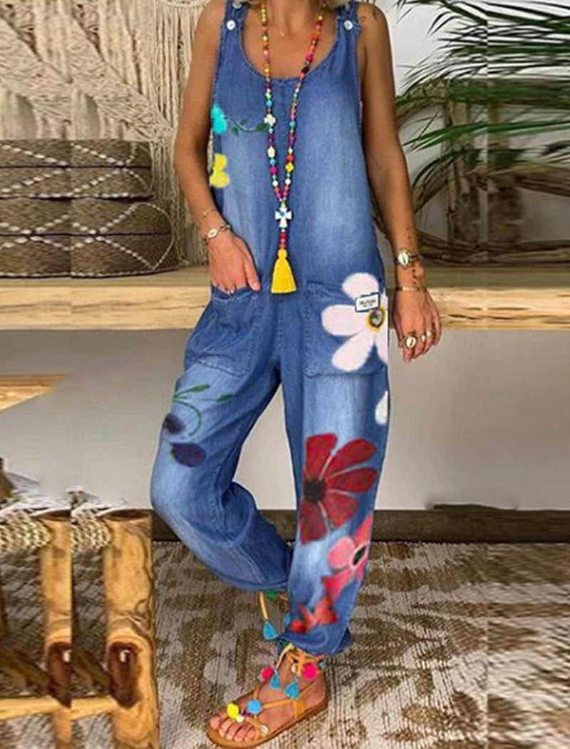 Floral Print Denim Jumpsuit