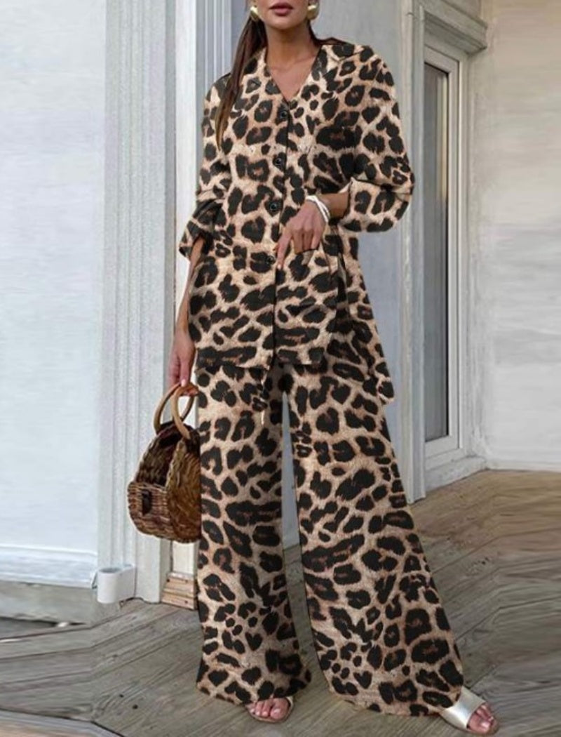 Leopard Print Button-Up Two-Piece Set