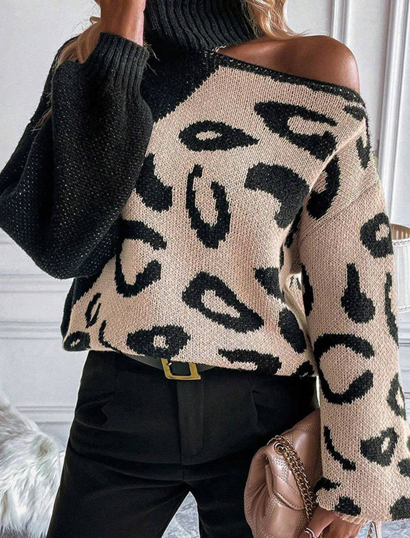 Leopard Patchwork High Neck Knit Pullover