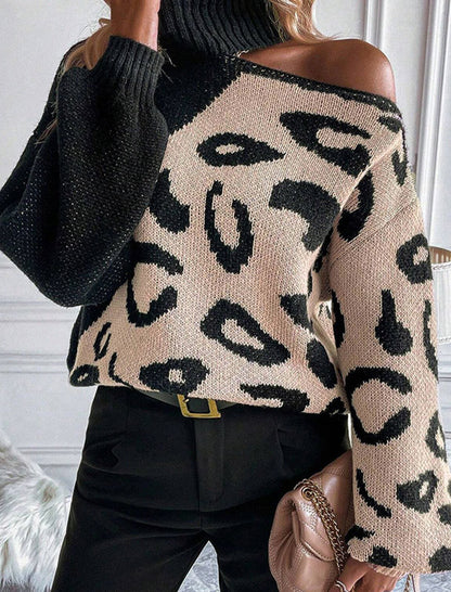 Leopard Patchwork High Neck Knit Pullover