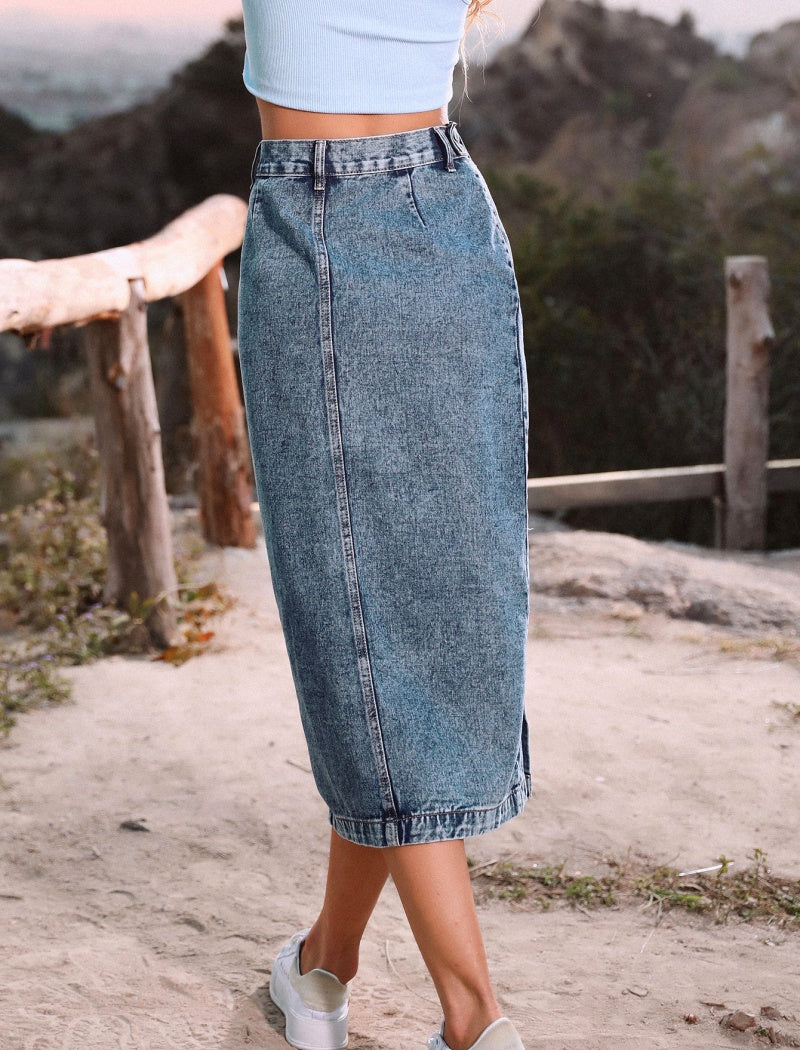 High-Rise Button-Front Denim Midi Skirt