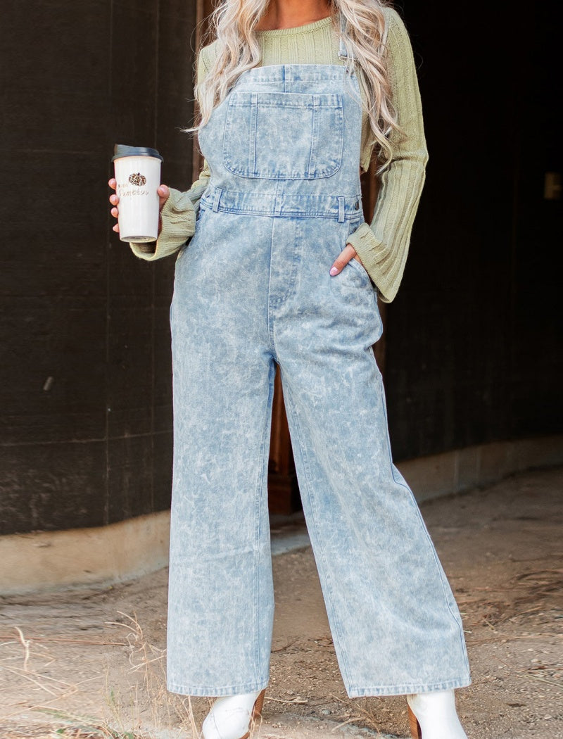 Wash Effect Wide-Leg Overalls
