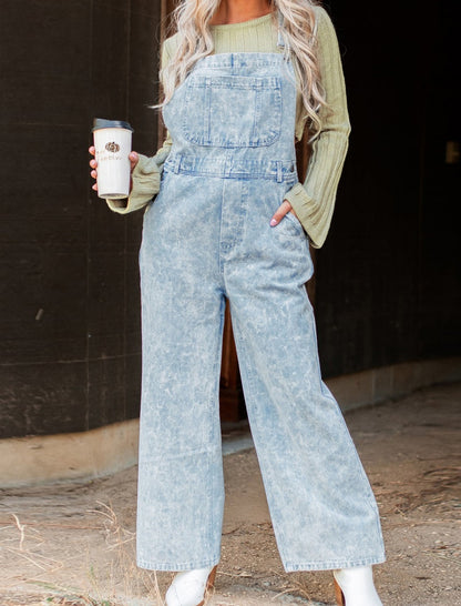 Wash Effect Wide-Leg Overalls