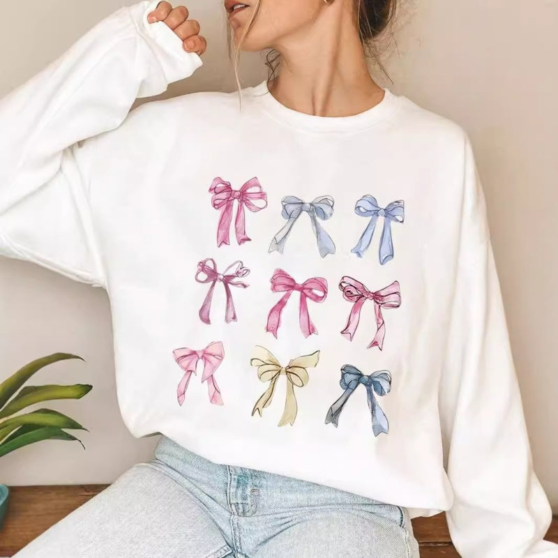 Long Sleeve Bow Print Crewneck Top