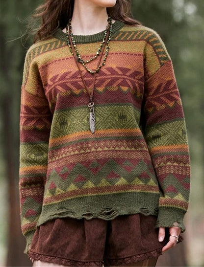 Loose Fit Geometric Pattern Distressed Knit Sweater