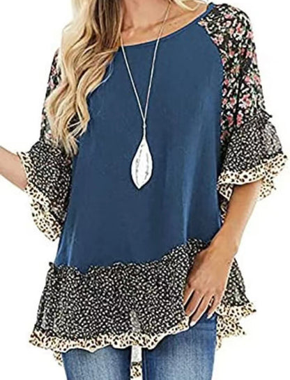 Batwing Sleeve Patchwork Leopard Tee