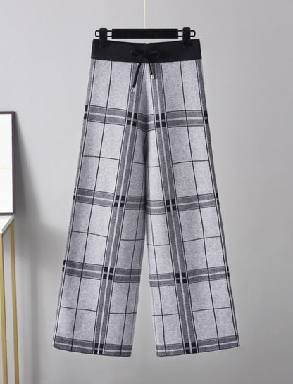 Grid Print Wide-Leg Pants