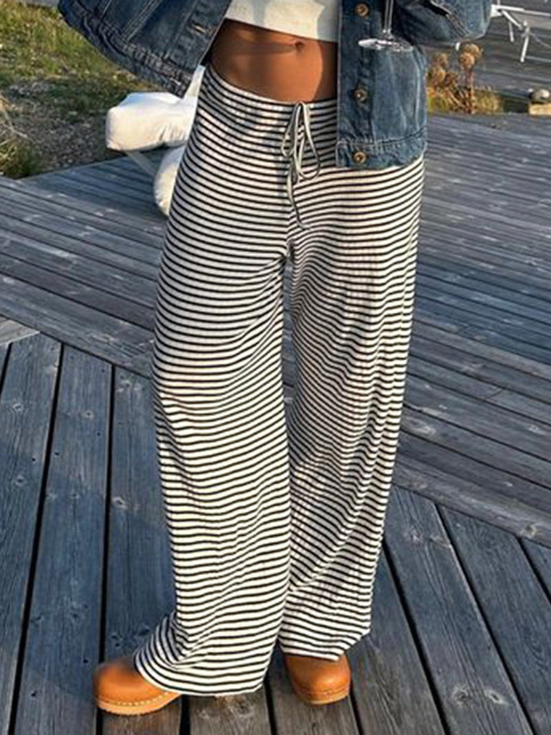 Drawstring Striped Wide-Leg Pants